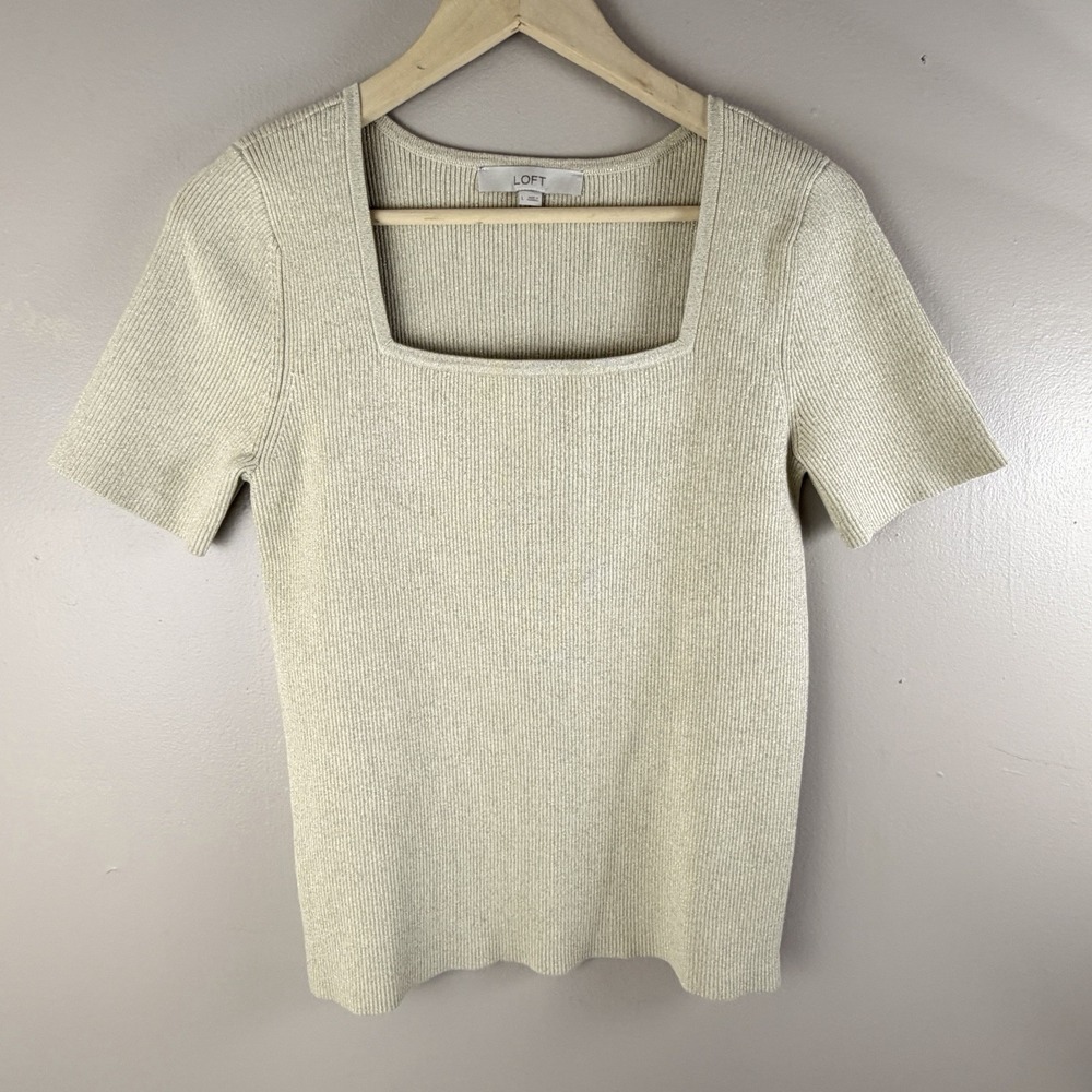 LOFT Women's Gold Cream Knit Sweater Size L Short Sleeve Square Neck